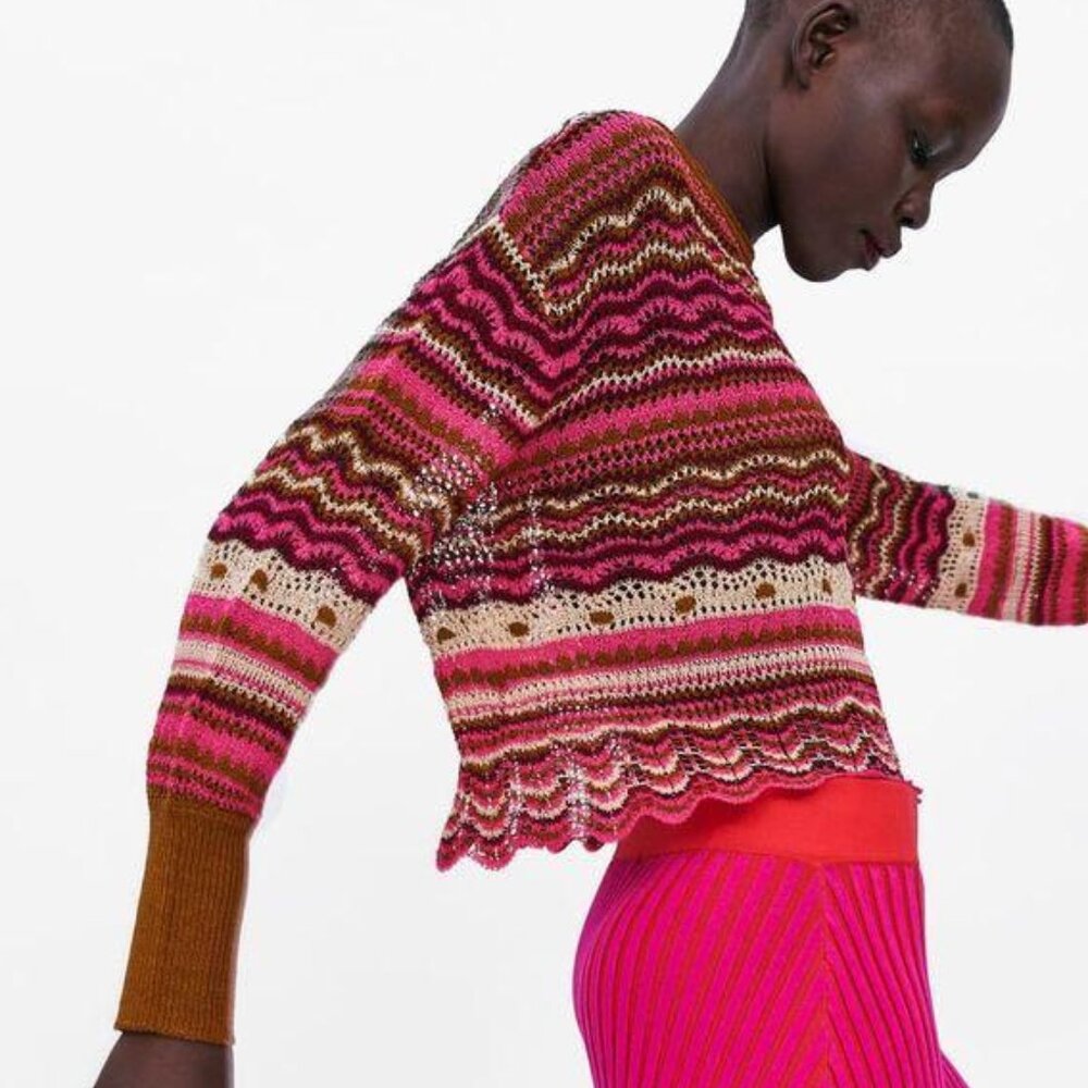 Zara Crochet Open Weave Stripe Crop Knit Sweater Size M EUC